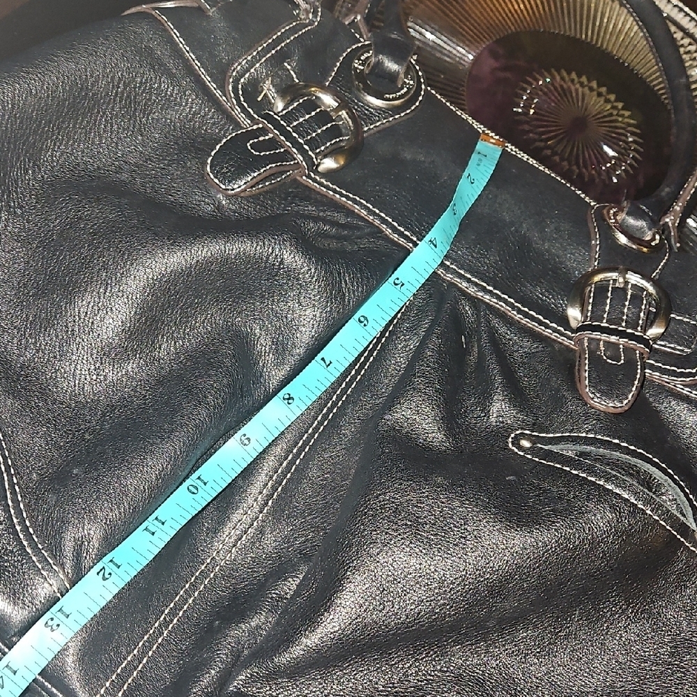 b. makowsky Black Leather Shoulder Bag, Heavy Silver Hardware&White Stitching - Picture 14 of 16